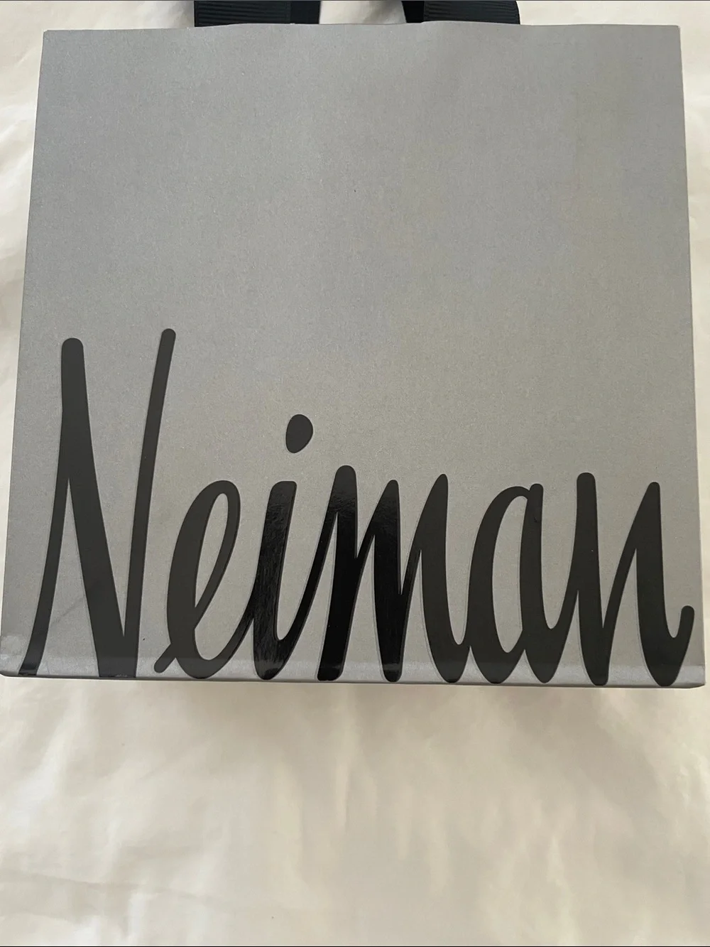 Neiman Marcus Gray Shopping Bag with Black Ribbon Handles